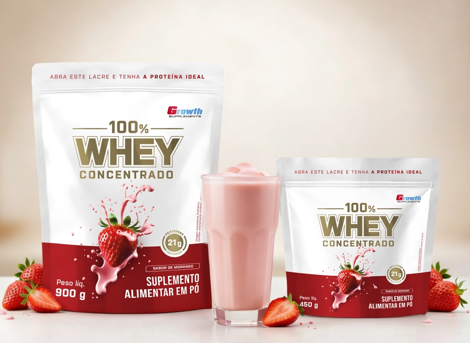 GROWTH SUPPLEMENTS - Imagem ilustrativa 100% Whey Morango na cozinha