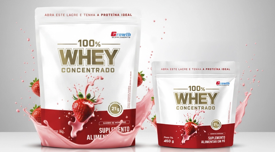 GROWTH SUPPLEMENTS - Imagem ilustrativa 100% Whey Morango dois tamanhos