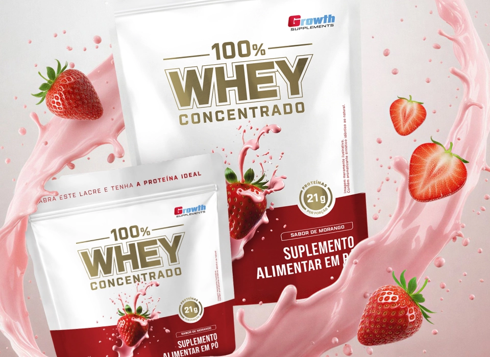 GROWTH SUPPLEMENTS - Imagem ilustrativa 100% Whey Morango em um fundo rosa