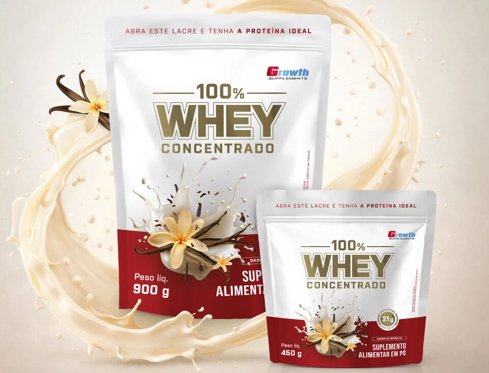GROWTH SUPPLEMENTS - Imagem ilustrativa 100% Whey baunilha em um fundo rosa
