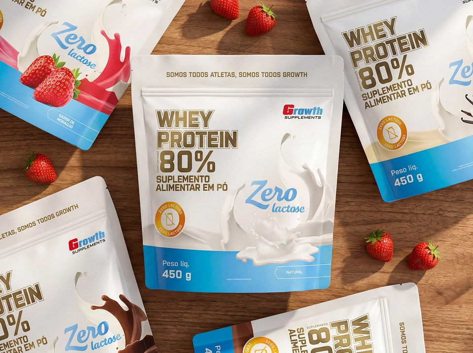 GROWTH SUPPLEMENTS - Embalagem de Whey Protein Zero Lactose 80% sabor chocolate em balcão de cozinha