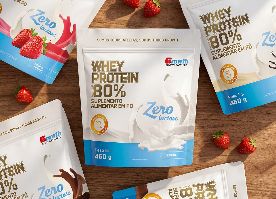GROWTH SUPPLEMENTS - Embalagem de Whey Protein Zero Lactose 80% sabor morango em balcão de cozinha