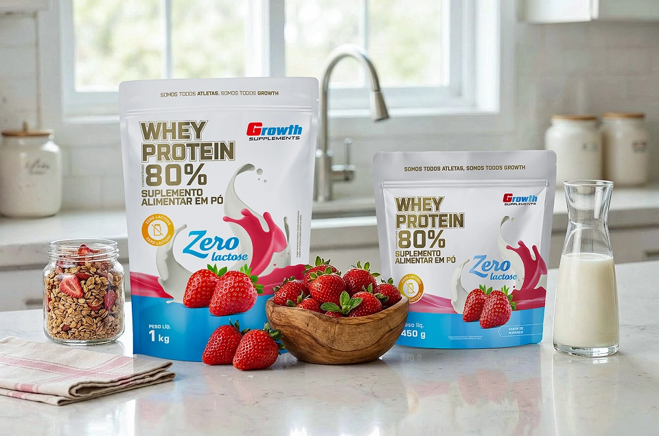GROWTH SUPPLEMENTS - Embalagem de Whey Protein Zero Lactose no balcão de uma cozinha