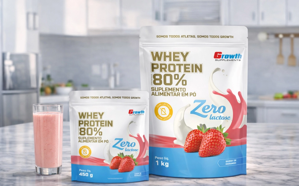 GROWTH SUPPLEMENTS - Imagem ilustrativa Whey Protein Zero Lactose 80% sabor morango