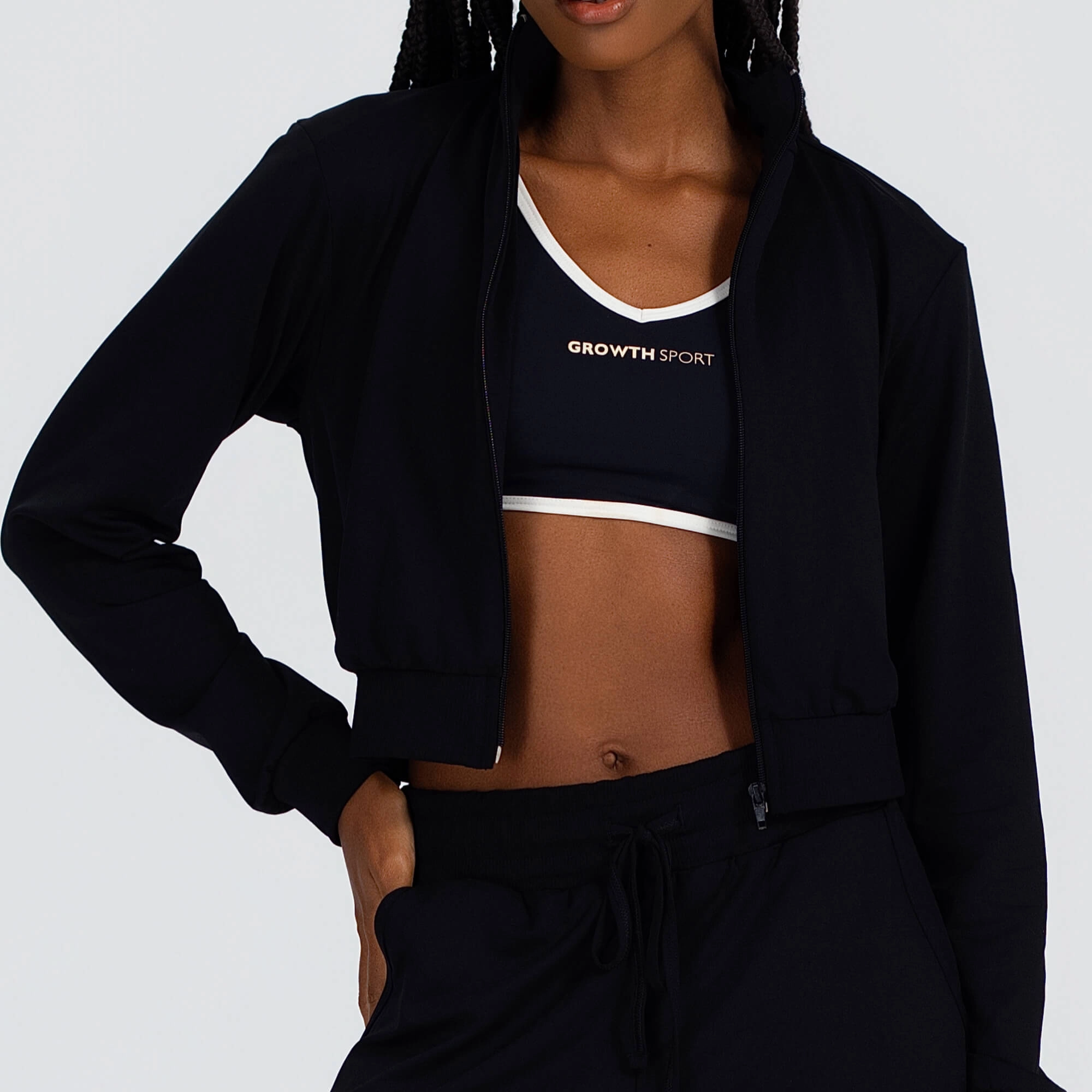 Jaqueta Growth Cropped ziper e punhos preto