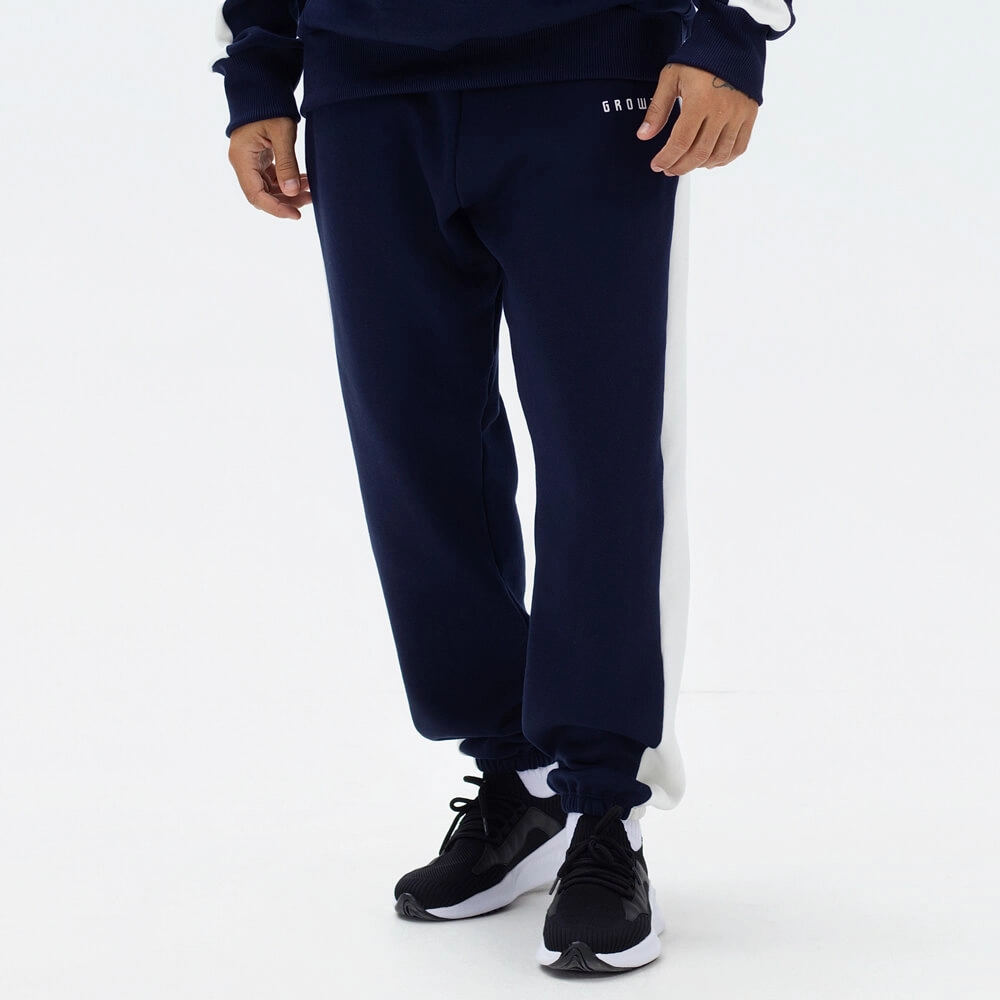 Calça moletom faixa lateral azul com off white