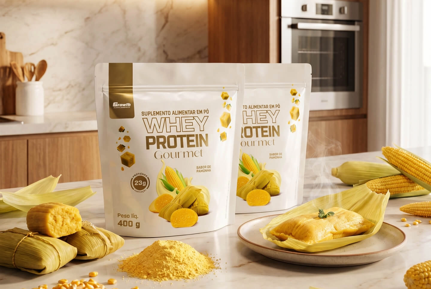 GROWTH SUPPLEMENTS - Embalagens de Whey Gourmet Pamonha no balcão de uma cozinha