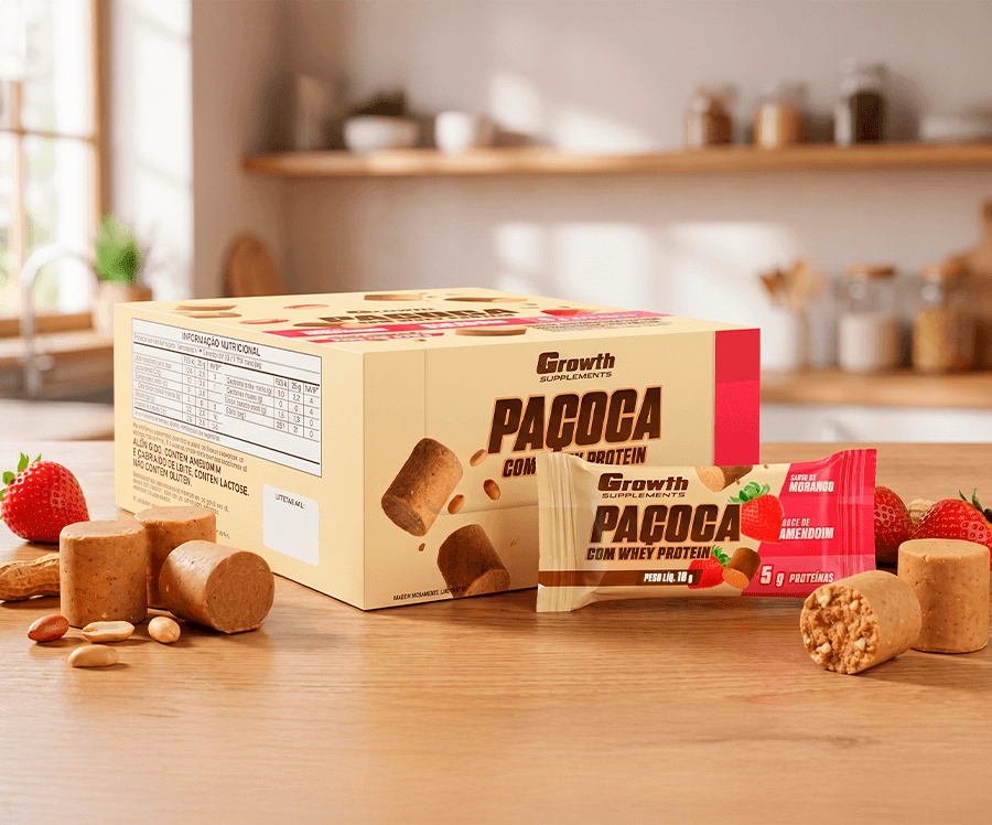 Paçoca Growth Supplements em cima de uma mesa