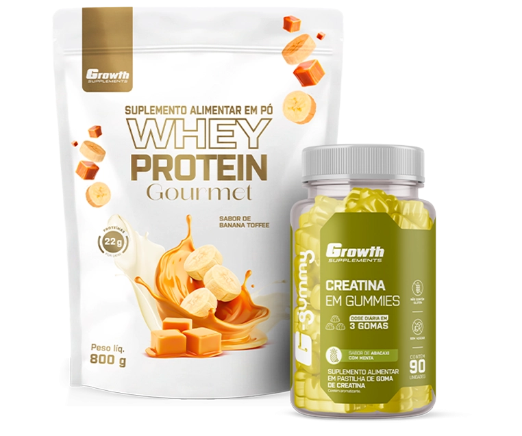 Foto do produto KIT WHEY GOURMET BANANA TOFFEE 800G + CREATINA G-GUMMY