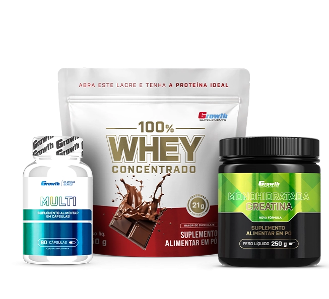 Foto do produto KIT PERFORMANCE DIÁRIA - 100% WHEY PROTEIN CONCENTRADO(450G) + CREATINA MONOHIDRATADA (250G) + MULTIVITAMÍNICO (60CAPS)