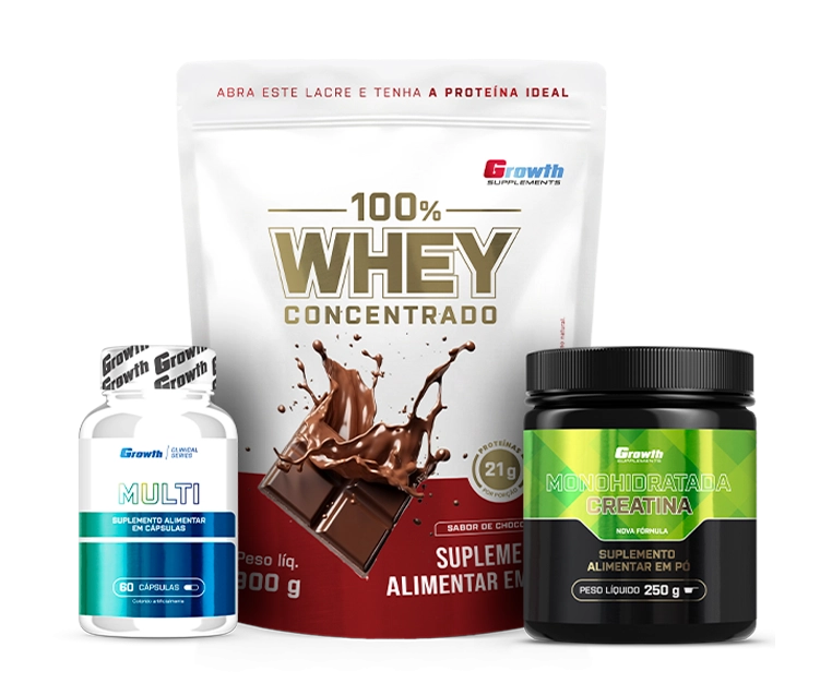 Foto do produto KIT PERFORMANCE DIÁRIA - 100% WHEY PROTEIN CONCENTRADO (900G) + CREATINA MONOHIDRATADA (250G) + MULTIVITAMÍNICO (60CAPS)