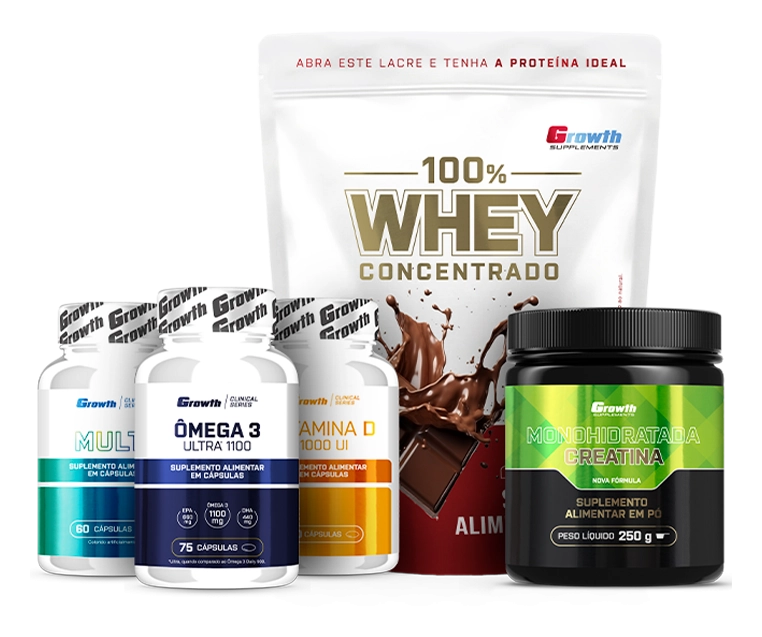 Foto do produto KIT ROTINA COMPLETA - 100% WHEY PROTEIN CONCENTRADO (900G) + CREATINA MONOHIDRATADA (250G) + MULTIVITAMÍNICO (60CAPS) + ÔMEGA 3 + VITAMINA D					