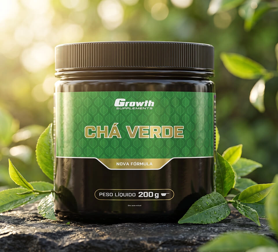 GROWTH SUPPLEMENTS - Símbolo da Growth com Bule de Chá e Xícaras com Chá Verde