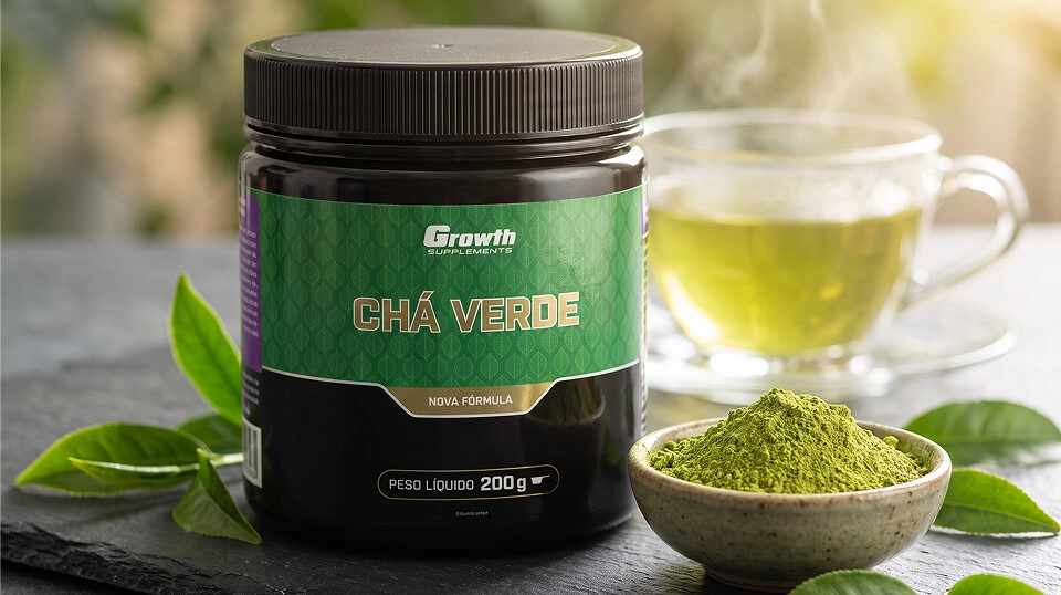 GROWTH SUPPLEMENTS - Embalagem de Growth Chá Verde e pote com Chá Verde em pó